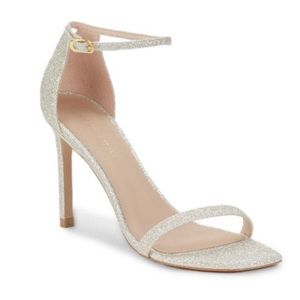 STUART WEITZMAN Amelina Metallic Stiletto Sandals Platino Silver Sz9 Retail $395